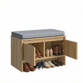 Schuhbank mit Stauraum, gepolsterte Sitzbank mit Kissen, Schuhschrank mit 2 T�ren und offener Ablage, Lamellen Design, Soft Close, Flur M�bel 65 x 37,1 x 46,2 cm