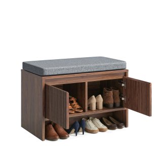 Schuhbank mit Stauraum, gepolsterte Sitzbank mit Kissen, Schuhschrank mit 2 T�ren und offener Ablage, Lamellen Design, Soft Close, Flur M�bel 65 x 37,1 x 46,2 cm
