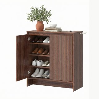 Schuhschrank mit Lamellent�ren, schmaler Schuhschrank Holz mit verstellbaren Regalen, 4 Ebenen Schuhaufbewahrung, Soft Close T�ren, Kippschutz, Flur M�bel 78 x 37,1 x 85,1 cm