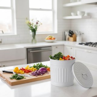 Jinfa� | Piccolo bidone della spazzatura in metallo con manici e coperchio | Bianco | � 21,5 cm, h 21,5 cm | Capienza 7 litri