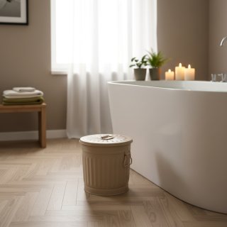 Jinfa Metal Trash Can with handles | 7 Litres | � 21.5 cm, Height 21.5 cm | Size S | Beige