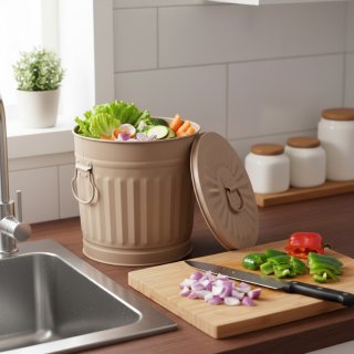 Jinfa Metal Trash Can with handles | 7 Litres | � 21.5 cm, Height 21.5 cm | Size S | Beige